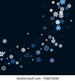 Falling christmas snow on black. Vector New Year snowflake abstract background. Blue glitter confetti. Snowflakes decoration effect. Winter holiday print. Snowfall texture for poster, banner, card.