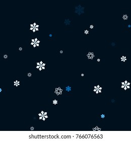 Falling christmas snow on black. Vector New Year snowflake abstract background. Blue glitter confetti. Snowflakes decoration effect. Winter holiday print. Snowfall texture for poster, banner, card.