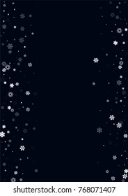 Falling christmas snow on black. Vector New Year snowflake abstract background. Blue glitter confetti. Snowflakes decoration effect. Winter holiday print. Snowfall texture for poster, banner, card.