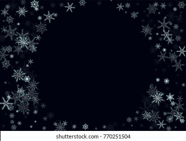 Falling christmas snow on black. Vector New Year snowflake abstract background. White glitter confetti. Snowflakes decoration effect. Winter holiday print. Snowfall texture for poster, banner, card.