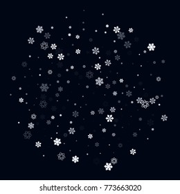 Falling christmas snow on black. Vector New Year snowflake abstract background. White glitter confetti. Snowflakes decoration effect. Winter holiday print. Snowfall texture for poster, banner, card.