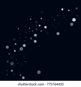 Falling christmas snow on black. Vector New Year snowflake abstract background. White glitter confetti. Snowflakes decoration effect. Winter holiday print. Snowfall texture for poster, banner, card.