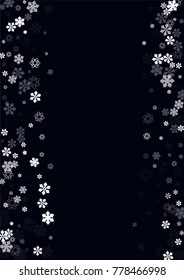Falling christmas snow on black. Vector New Year snowflake abstract background. White glitter confetti. Snowflakes decoration effect. Winter holiday print. Snowfall texture for poster, banner, card.