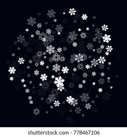 Falling christmas snow on black. Vector New Year snowflake abstract background. White glitter confetti. Snowflakes decoration effect. Winter holiday print. Snowfall texture for poster, banner, card.