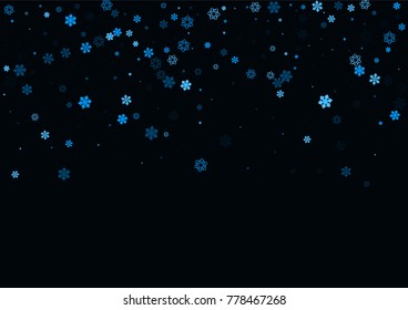 Falling christmas snow on black. Vector New Year snowflake abstract background. Blue gllitter confetti. Snowflakes decoration effect. Winter holiday print. Snowfall texture for poster, banner, card.