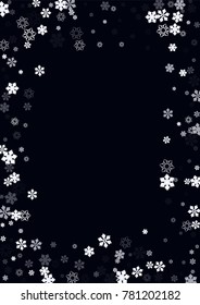 Falling christmas snow on black. Vector New Year snowflake abstract background. White glitter confetti. Snowflakes decoration effect. Winter holiday print. Snowfall texture for poster, banner, card.