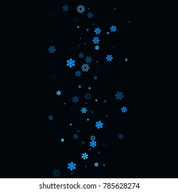 Falling christmas snow on black. Vector New Year snowflake abstract background. Blue gllitter confetti. Snowflakes decoration effect. Winter holiday print. Snowfall texture for poster, banner, card.