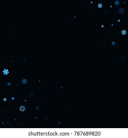 Falling christmas snow on black. Vector New Year snowflake abstract background. Blue gllitter confetti. Snowflakes decoration effect. Winter holiday print. Snowfall texture for poster, banner, card.