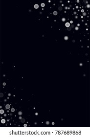 Falling christmas snow on black. Vector New Year snowflake abstract background. White glitter confetti. Snowflakes decoration effect. Winter holiday print. Snowfall texture for poster, banner, card.