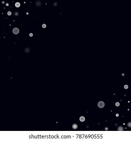 Falling christmas snow on black. Vector New Year snowflake abstract background. White glitter confetti. Snowflakes decoration effect. Winter holiday print. Snowfall texture for poster, banner, card.