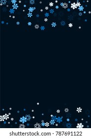 Falling christmas snow on black. Vector New Year snowflake abstract background. Blue glitter confetti. Snowflakes decoration effect. Winter holiday print. Snowfall texture for poster, banner, card.