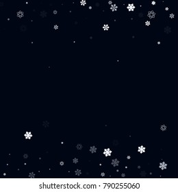 Falling christmas snow on black. Vector New Year snowflake abstract background. White glitter confetti. Snowflakes decoration effect. Winter holiday print. Snowfall texture for poster, banner, card.