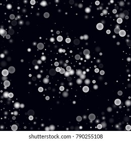 Falling christmas snow on black. Vector New Year snowflake abstract background. White glitter confetti. Snowflakes decoration effect. Winter holiday print. Snowfall texture for poster, banner, card.