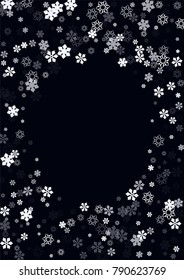 Falling christmas snow on black. Vector New Year snowflake abstract background. White glitter confetti. Snowflakes decoration effect. Winter holiday print. Snowfall texture for poster, banner, card.