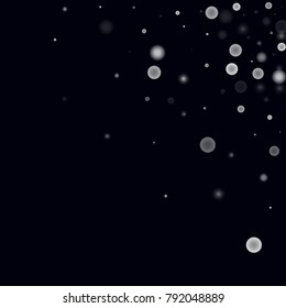 Falling christmas snow on black. Vector New Year snowflake abstract background. White glitter confetti. Snowflakes decoration effect. Winter holiday print. Snowfall texture for poster, banner, card.