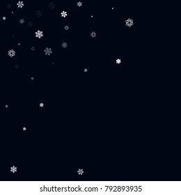 Falling christmas snow on black. Vector New Year snowflake abstract background. White glitter confetti. Snowflakes decoration effect. Winter holiday print. Snowfall texture for poster, banner, card.