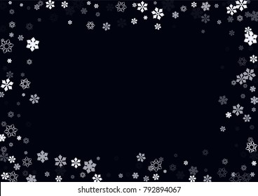 Falling christmas snow on black. Vector New Year snowflake abstract background. White glitter confetti. Snowflakes decoration effect. Winter holiday print. Snowfall texture for poster, banner, card.