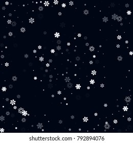 Falling christmas snow on black. Vector New Year snowflake abstract background. White glitter confetti. Snowflakes decoration effect. Winter holiday print. Snowfall texture for poster, banner, card.