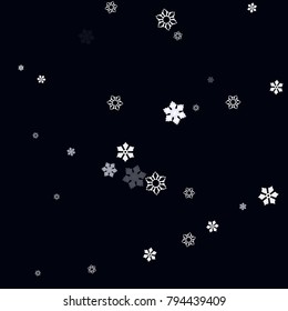 Falling christmas snow on black. Vector New Year snowflake abstract background. White glitter confetti. Snowflakes decoration effect. Winter holiday print. Snowfall texture for poster, banner, card.