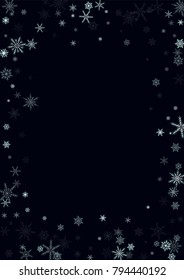 Falling christmas snow on black. Vector New Year snowflake abstract background. White glitter confetti. Snowflakes decoration effect. Winter holiday print. Snowfall texture for poster, banner, card.