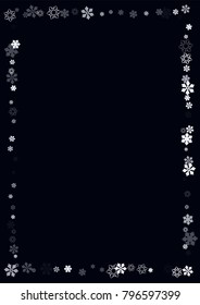 Falling christmas snow on black. Vector New Year snowflake abstract background. White glitter confetti. Snowflakes decoration effect. Winter holiday print. Snowfall texture for poster, banner, card.