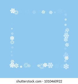 Falling christmas snow on blue. Vector New Year snowflake abstract background. White gllitter confetti. Snowflakes decoration effect. Winter holiday print. Snowfall texture for poster, banner, card.