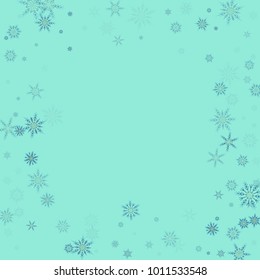 Falling christmas snow on blue. Vector New Year snowflake abstract background. Blue gllitter confetti. Snowflakes decoration effect. Winter holiday print. Snowfall texture for poster, banner, card.