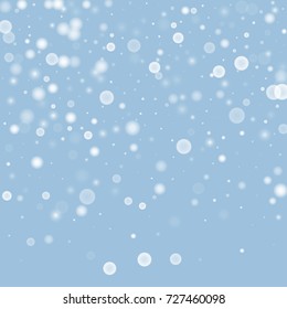 Falling christmas snow on blue. Vector New Year snowflake abstract background. White gllitter confetti. Snowflakes decoration effect. Winter holiday print. Snowfall texture for poster, banner, card.