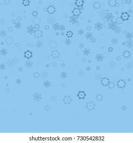 Falling christmas snow on blue. Vector New Year snowflake abstract background. Blue gllitter snowfalls. Snowflakes decoration effect. Winter holiday print. Snowfall texture for poster, banner, card.