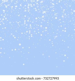 Falling christmas snow on blue. Vector New Year snowflake abstract background. White gllitter confetti. Snowflakes decoration effect. Winter holiday print. Snowfall texture for poster, banner, card.