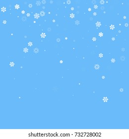 Falling christmas snow on blue. Vector New Year snowflake abstract background. Blue gllitter confetti. Snowflakes decoration effect. Winter holiday print. Snowfall texture for poster, banner, card.