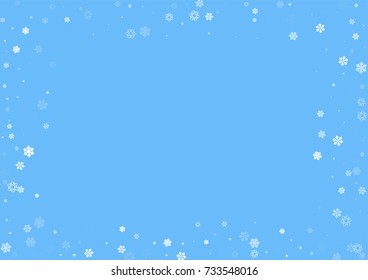 Falling christmas snow on blue. Vector New Year snowflake abstract background. Blue gllitter confetti. Snowflakes decoration effect. Winter holiday print. Snowfall texture for poster, banner, card.