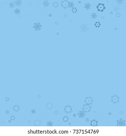 Falling christmas snow on blue. Vector New Year snowflake abstract background. Blue gllitter snowfalls. Snowflakes decoration effect. Winter holiday print. Snowfall texture for poster, banner, card.