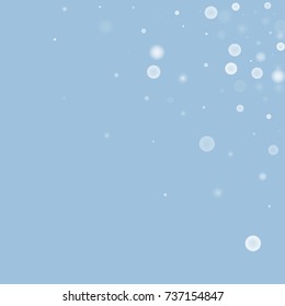 Falling christmas snow on blue. Vector New Year snowflake abstract background. White gllitter confetti. Snowflakes decoration effect. Winter holiday print. Snowfall texture for poster, banner, card.