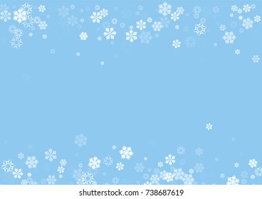 Falling christmas snow on blue. Vector New Year snowflake abstract background. White snowfalls. Snowflakes decoration effect. Winter holiday print. Snowfall texture for poster, banner, card.