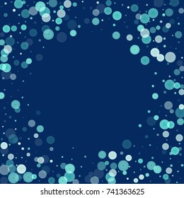 Falling christmas snow on blue. Vector New Year snowflake abstract background. Blue gllitter confetti. Snowflakes decoration effect. Winter holiday print. Snowfall texture for poster, banner, card.
