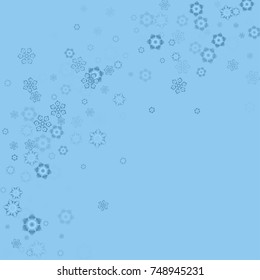 Falling christmas snow on blue. Vector New Year snowflake abstract background. Blue glitter confetti. Snowflakes decoration effect. Winter holiday print. Snowfall texture for poster, banner, card.