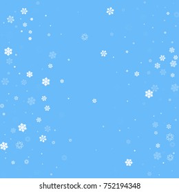 Falling christmas snow on blue. Vector New Year snowflake abstract background. White gllitter confetti. Snowflakes decoration effect. Winter holiday print. Snowfall texture for poster, banner, card.