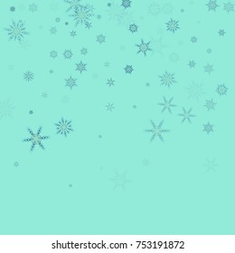 Falling christmas snow on blue. Vector New Year snowflake abstract background. Blue gllitter confetti. Snowflakes decoration effect. Winter holiday print. Snowfall texture for poster, banner, card.