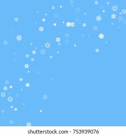 Falling christmas snow on blue. Vector New Year snowflake abstract background. White gllitter confetti. Snowflakes decoration effect. Winter holiday print. Snowfall texture for poster, banner, card.