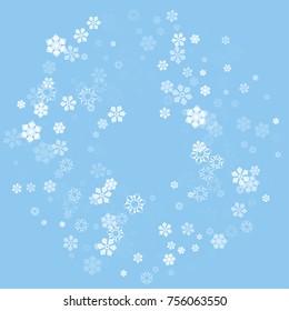 Falling christmas snow on blue. Vector New Year snowflake abstract background. White gllitter confetti. Snowflakes decoration effect. Winter holiday print. Snowfall texture for poster, banner, card.
