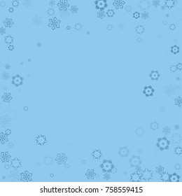 Falling christmas snow on blue. Vector New Year snowflake abstract background. Blue glitter confetti. Snowflakes decoration effect. Winter holiday print. Snowfall texture for poster, banner, card.
