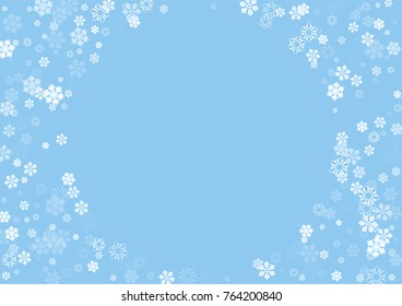 Falling christmas snow on blue. Vector New Year snowflake abstract background. White gllitter confetti. Snowflakes decoration effect. Winter holiday print. Snowfall texture for poster, banner, card.