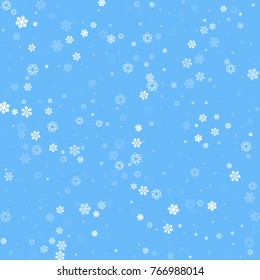 Falling christmas snow on blue. Vector New Year snowflake abstract background. White gllitter confetti. Snowflakes decoration effect. Winter holiday print. Snowfall texture for poster, banner, card.