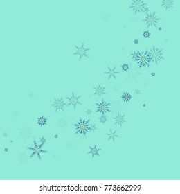Falling christmas snow on blue. Vector New Year snowflake abstract background. Blue gllitter confetti. Snowflakes decoration effect. Winter holiday print. Snowfall texture for poster, banner, card.