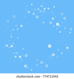 Falling christmas snow on blue. Vector New Year snowflake abstract background. White gllitter confetti. Snowflakes decoration effect. Winter holiday print. Snowfall texture for poster, banner, card.