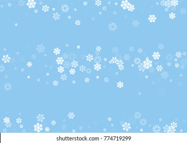 Falling christmas snow on blue. Vector New Year snowflake abstract background. White gllitter confetti. Snowflakes decoration effect. Winter holiday print. Snowfall texture for poster, banner, card.