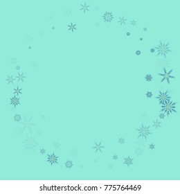 Falling christmas snow on blue. Vector New Year snowflake abstract background. Blue gllitter confetti. Snowflakes decoration effect. Winter holiday print. Snowfall texture for poster, banner, card.