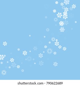 Falling christmas snow on blue. Vector New Year snowflake abstract background. White gllitter confetti. Snowflakes decoration effect. Winter holiday print. Snowfall texture for poster, banner, card.