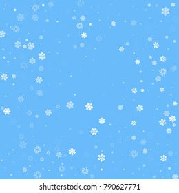 Falling christmas snow on blue. Vector New Year snowflake abstract background. White gllitter confetti. Snowflakes decoration effect. Winter holiday print. Snowfall texture for poster, banner, card.